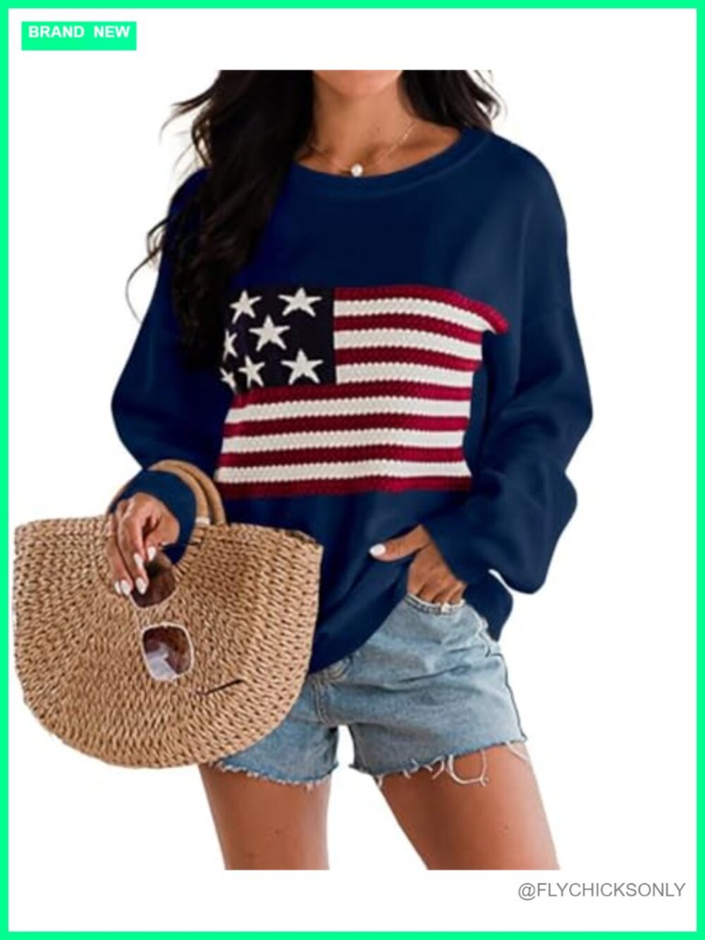 Women's American Flag Knit Sweater Crewneck Long Sleeve Pullover Loose Fit